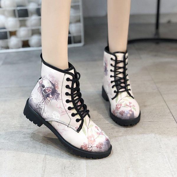 

2021 women ankle boots low heels shoes woman vintage pu leather autumn warm winter skull pattern motorcycle boots large size, Black