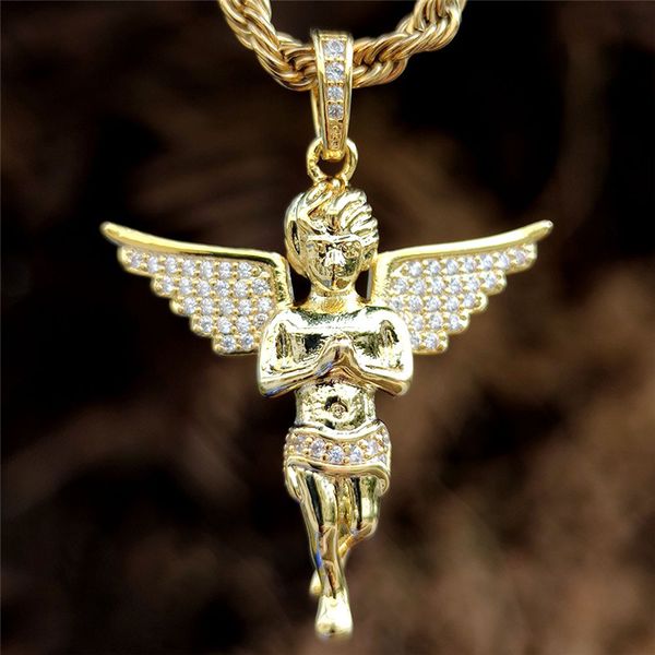 

gold plated iced out bling cz praying angle pendant necklace for men women with 24inch rope chain, Silver