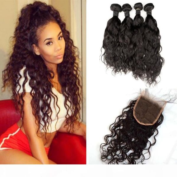 

brazilian water wave human hair weaves with 4x4 lace frontal ear to ear full head natural color unprocessed human hair, Black;brown