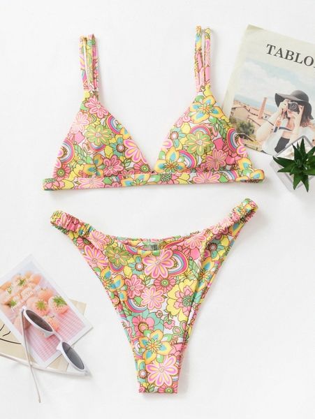 

floral triangle bikini swimsuit i9a5#, White;black