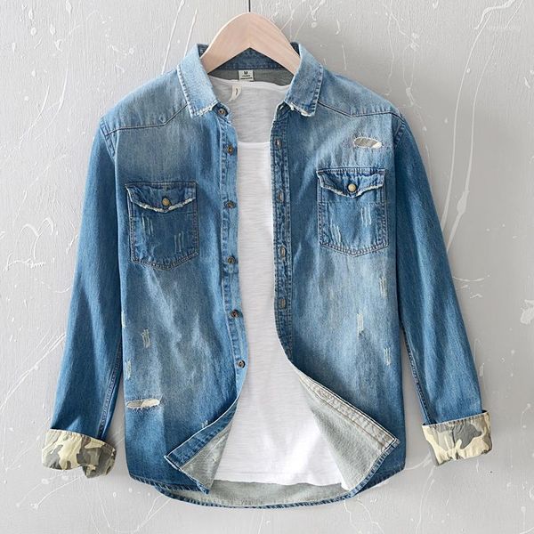 

man ripped distressed camouflage patch denim shirt 100% cotton spring autumn retro vintage pocket jean casual cowboy shirts1, White;black