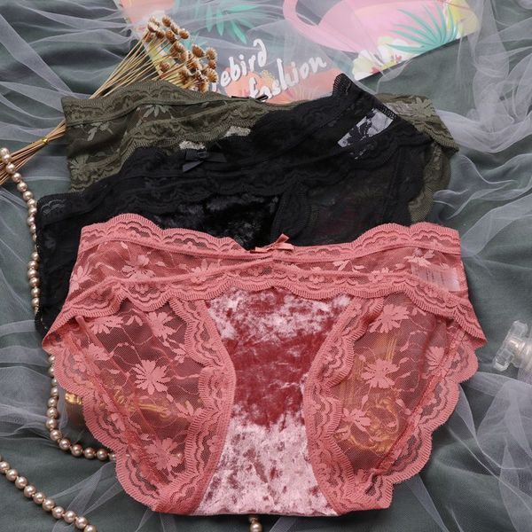 

513 french romantic high end lace mid waist sweet cut out veet underwear women's bag hip briefs, Black;pink