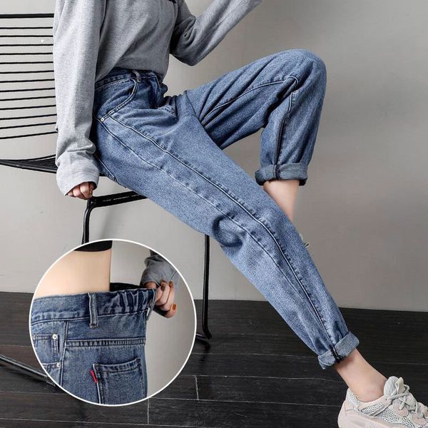 

2021 new womens plus size loose boyfriends high waist elastic cropped pants denim bloomers vintage female hallen jeans y510 tyoa, Blue
