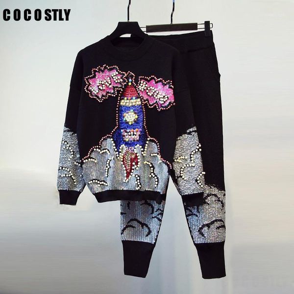 

2 pieces sets women tracksuits knitted set fashion floral embroidery beadings sweater and pants suits women matching sets1, Gray