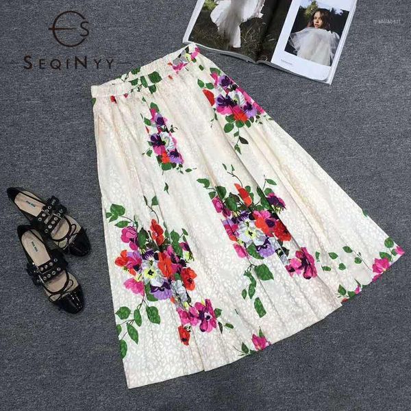 

seqinyy beige skirt 2020 summer spring new fashion design women elastic waist flowers print jacquard long skirt1, Black