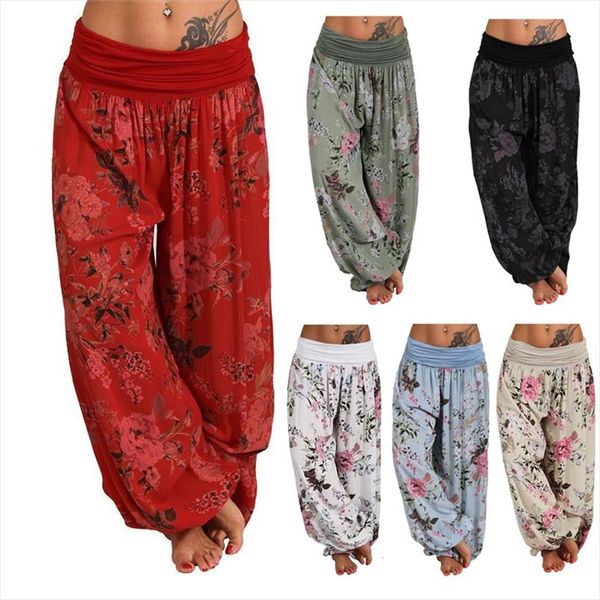 

2020 women ladies fashion casual indian style pants floral baggy loose comfy long high waist harem pants new trousers plus size, Black;white