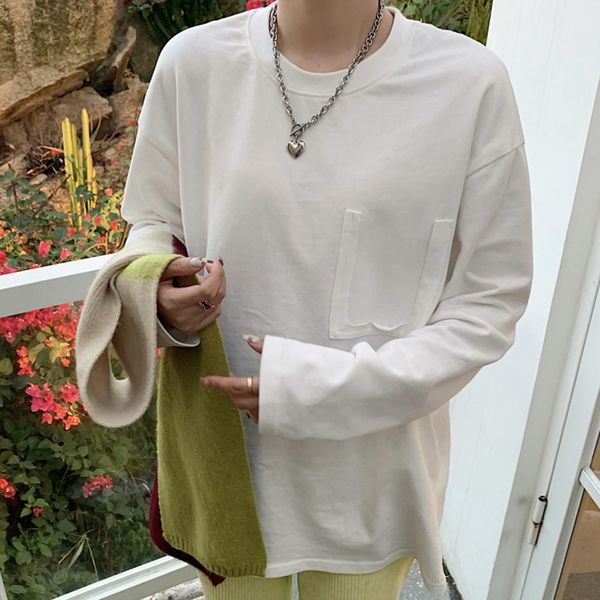 

2021 new t-shirt korean fashion popular simple autumn loose thick round neck long sleeve f1j3, White