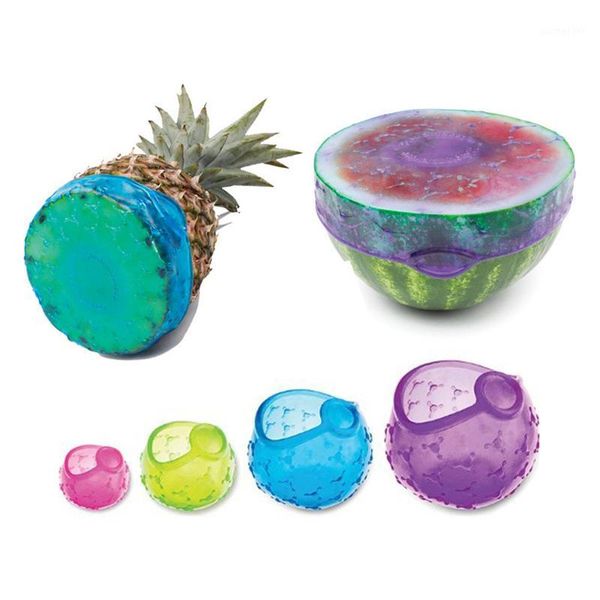 

4 pcs silicone fruit lids bowls cups universal refrigerator storage cover set saver stretch airtight bags kitchen tool1
