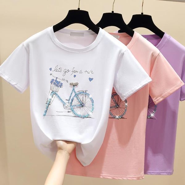 

beading print pink t shirt summer short sleeve women white tshirt cotton korean style t-shirt women clothes