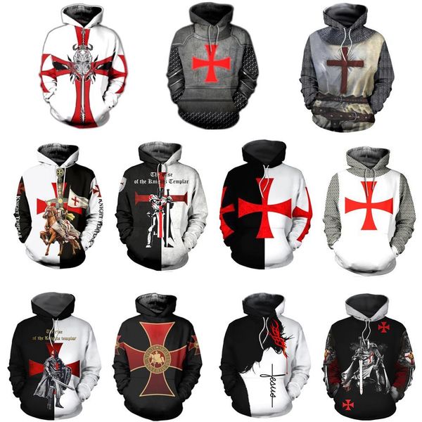 

knight templar cavalier hoodie sweatshirt 3d printed men women casual hooded sweatshirts pullover hip hop harajuku streetwear, Black
