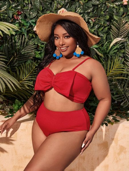 

plus solid big bow bust bikini swimsuit n5k2#, Black