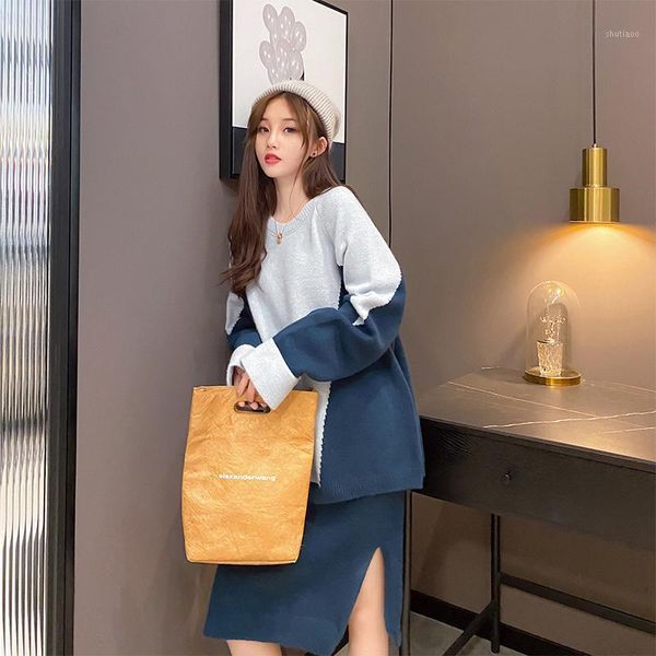 

new winter fashion 2 pcs women set splicing o neck loose pullover knit sweater + high waist hip solid sweater skirt suit1, Gray