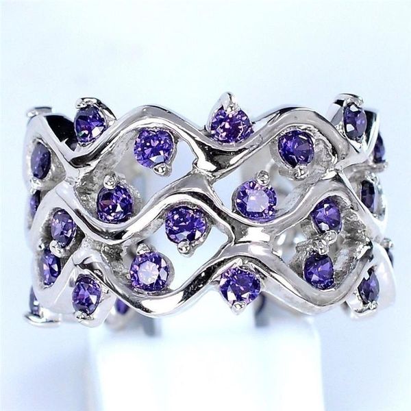 

cluster rings fashion purple cz stone ring hollow wave shape vine design big for women engagement jewelry party gift l5k773, Golden;silver