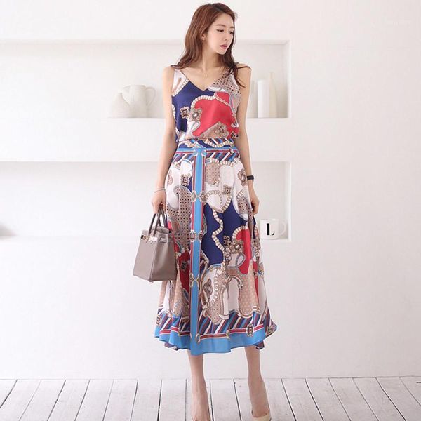 

new two-piece sets 2019 summer fashion women suits v-neck backless sling + fashion print big swing long skirt suit1, White
