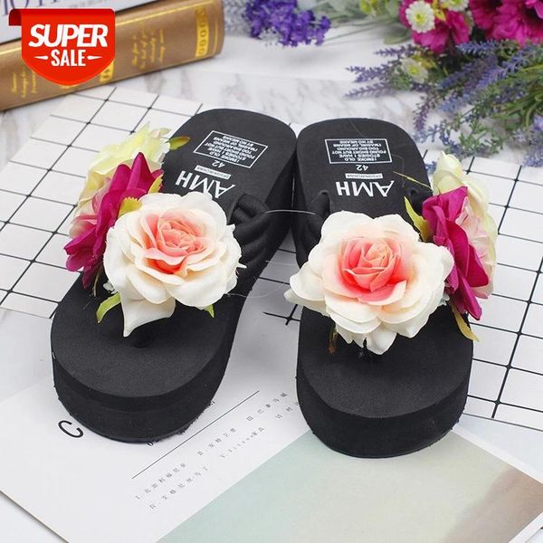 

6 cm high-heeled women's summer handmade 3 rose flowers seaside beach vacation flip flops beautiful flowers sandals and slippers #ag89, Black