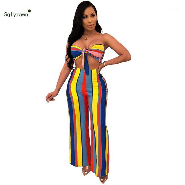 

women colorful stripe printed 2 piece set streetwear bow tube crop + loose palazzo pants outfits wide leg pants suits1, White