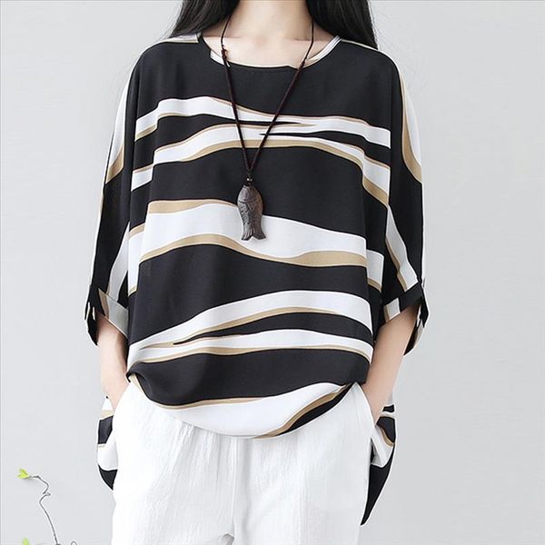 

t shirt fashion women cotton linen casual striped o neck autumn long sleeved loose large size t shirt female clothing 45, White