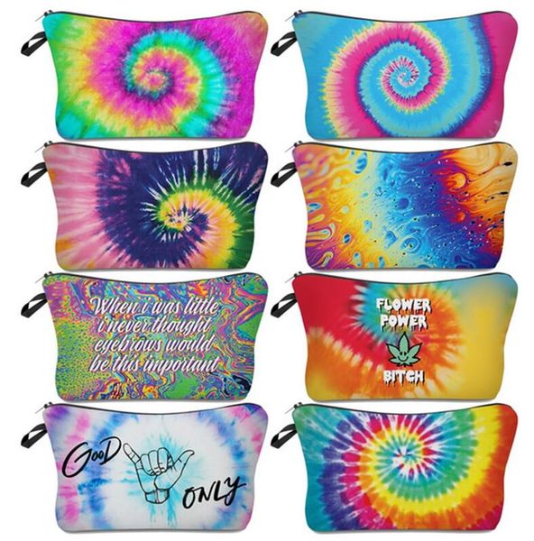 

fashion tie-dye makeup bag zipper cosmetic pouch letters print pencil case handbag travel storage tote wallet make up brush wash bag e120406, Black