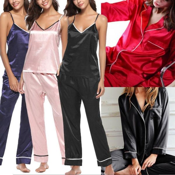 

womens silk satin pajamas pyjamas ladies pjs loungewear sleepwear sets nightgown 2020 new, Black;red