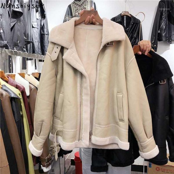 

winter women thick warm faux lambswool washed pu leather jacket veste femme plus soft plush fashion female outwear1, Black