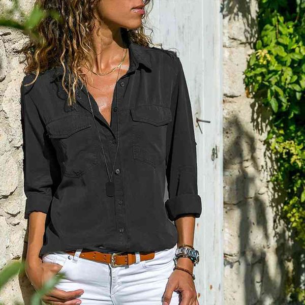 

autumn women shirts casual long sleeve turn-down collar blouse fashion solid office ladies chiffon shirt plus size shirt, White