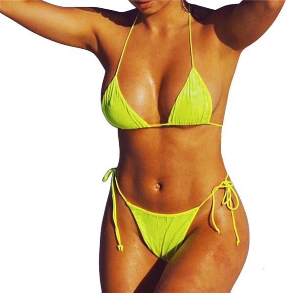 

fashion swimwear women's 2pcs solid color suit deep v-neck split style halter with triangle bottom woman mini bikini, White;black