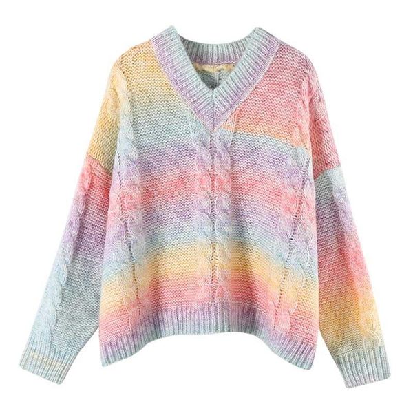 

fannic 2020 autumn casual loose gradient color patchwork pullover knitted round neck sweater female, White;black