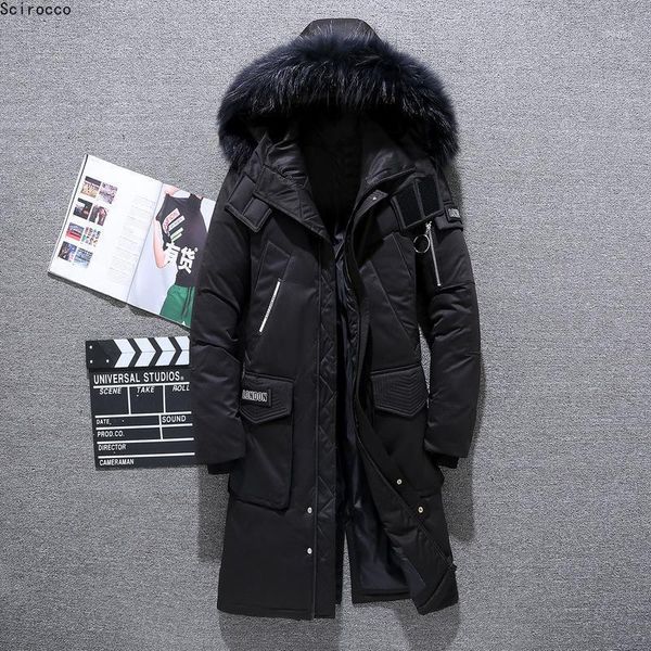 

men's trench coats winter men's big fur collar down padded jacket mid-length thick warm clothes authentic tide1, Tan;black