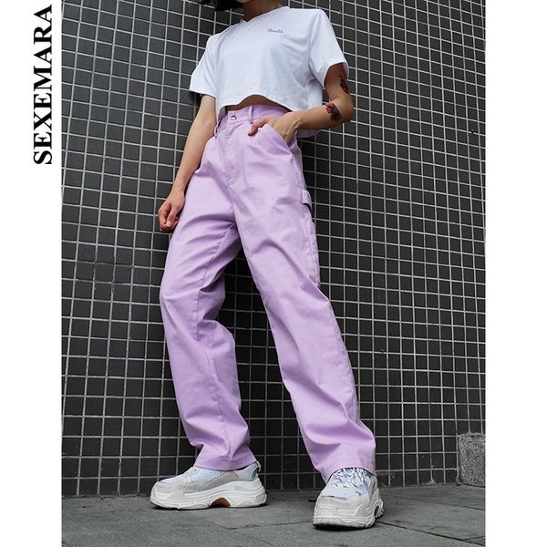 

boofeenaa street fashion purple cargo pants women's belt side pocket high waist casual loose trousers 100% cotton c84-ah25 y200418, Black;white