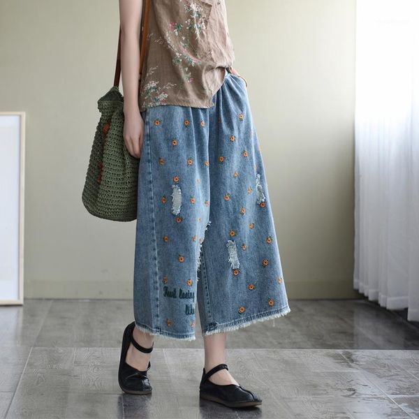 

summer jeans retro women elastic waist loose denim pants 2020 new casual pocket embroidery hole all-match denim trousers1, Blue