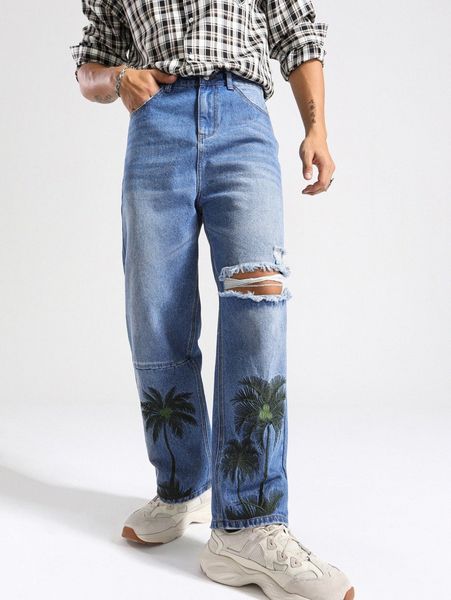 

men tropical print ripped straight leg washed jeans w99k#, Blue
