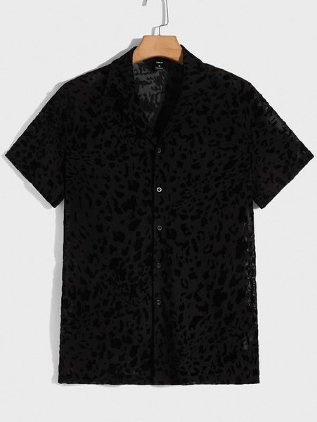 

men notched collar leopard mesh shirt 50vc#, White;black