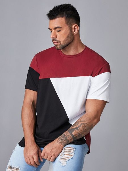 

extended sizes men colorblock round neck tee u2ps#, White;black