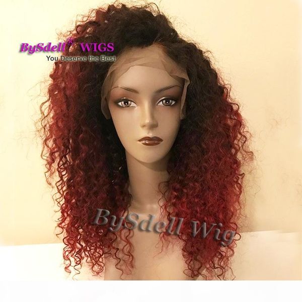 

synthetic lace front wig afro short kinky curly black ombre burgundy color african american lace front wigs for black women