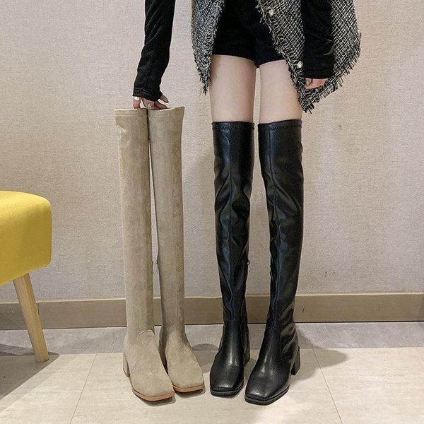 

round toe brand women's shoes boots thigh high heels high boots-women winter footwear fashion low woman flat, Black