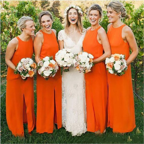 Orange einfacher Secy Country Chiffon Lange billige Brautjungfer Hochzeitsgastkleider mit vorderer Split -Trittmädchen Vestidos