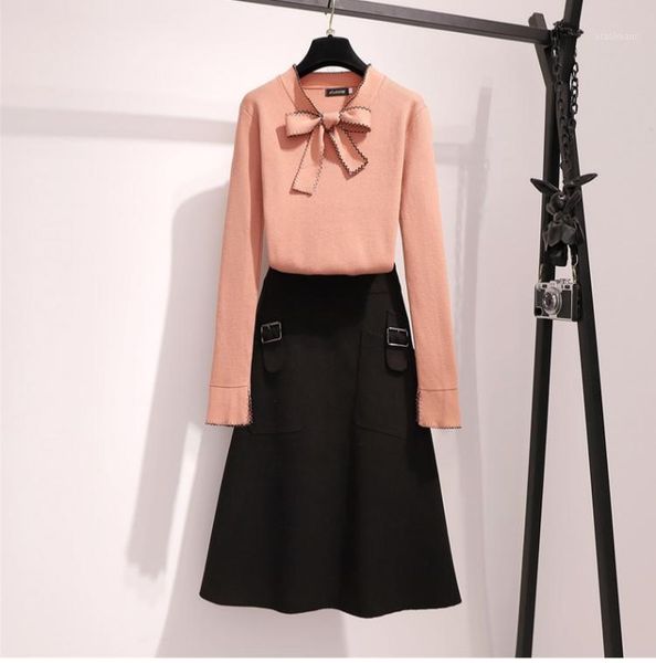 

jsxdhk plus size sweater women 2 piece set autumn winter knitted bow pink pullovers and black woolen swing skirts suit -4xl1, Gray