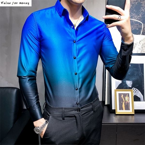 

business men casual shirt camisa social masculina manga longa gradient formal shirt for men 2020 british style long sleeve shirt c1211, White;black