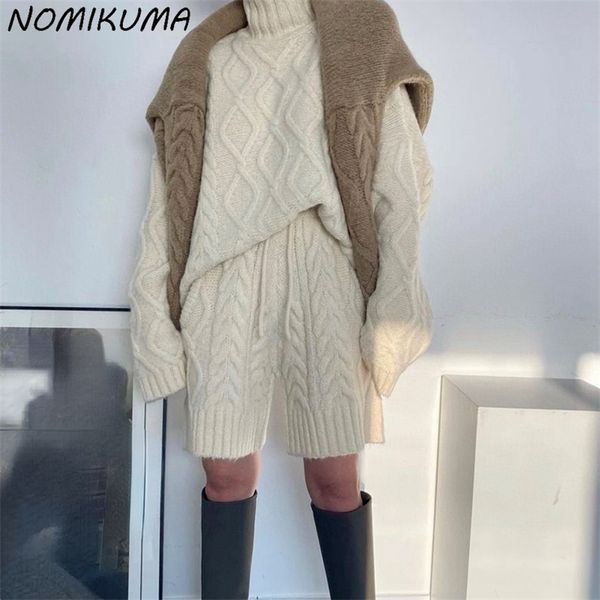 

nomikuma korean twisted knitted short sets turtleneck long sleeve pullover sweater + lace up high waist shorts women suits 6x538 220312, White