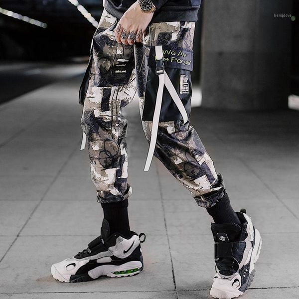 

streetwear harem pants men hip hop prinitng mens joggers casual slim ribbins pockets sweatpants ankle-length men trousers 20201, Black