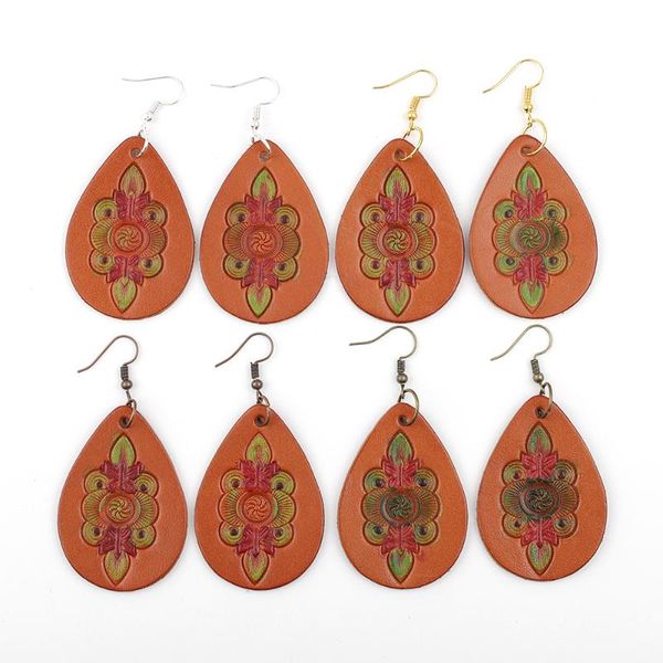 

genuine leather women earring handmade carving water drop earrings ladies punk style jewelry wholesale, Silver