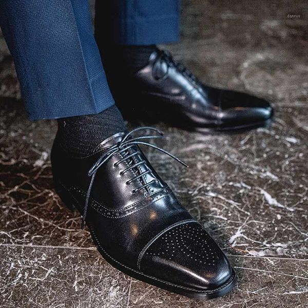 

dress shoes luxury genuine leather men's formal oxfords square toe laces cap brogues handmade wedding party man kud3981, Black