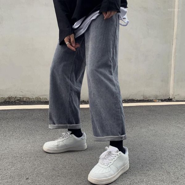 

2020 autumn new elastic waist solid color retro wide-leg straight loose drape corduroy pants black gray white ankle-length pants1, Black;white