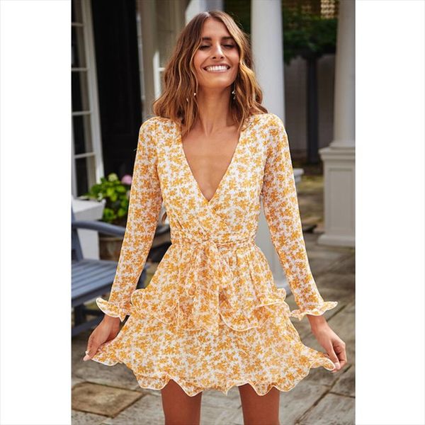 

new women dress 2019 summer boho floral ruffle lacing mini dresses lady chic wrapped slim party dress vestidos robe femme, Black;gray