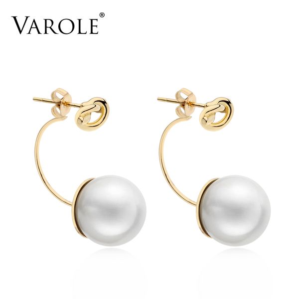 

varole new arrival big pearl gold color stainless steel earrings for women c shape knotted pearl hoops earrings jewelry wholesale