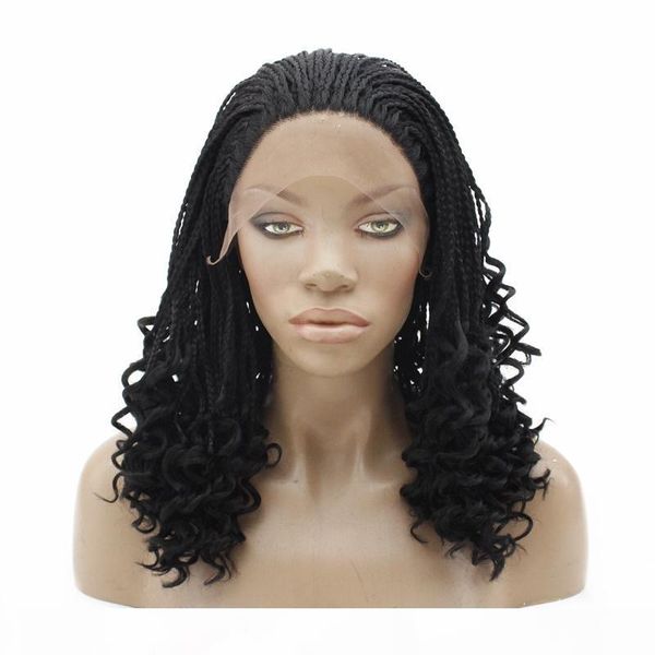 

african american micro braided lace wig lace front synthetic braided wigs kinky curly braiding hair heat resistant, Black