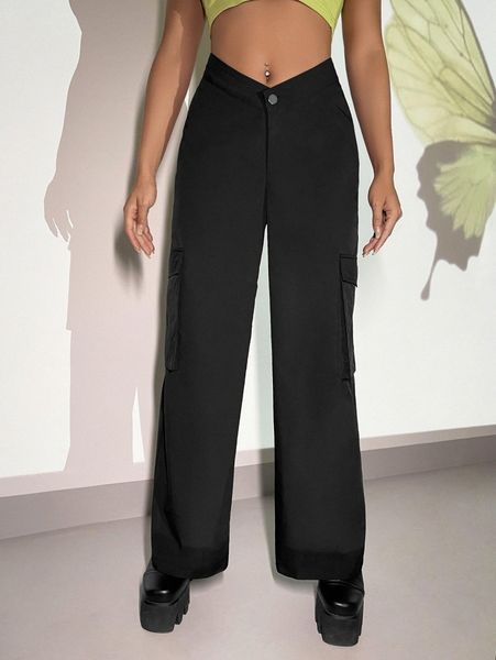 

asymmetrical waist flap pocket cargo pants r76l#, Black;white