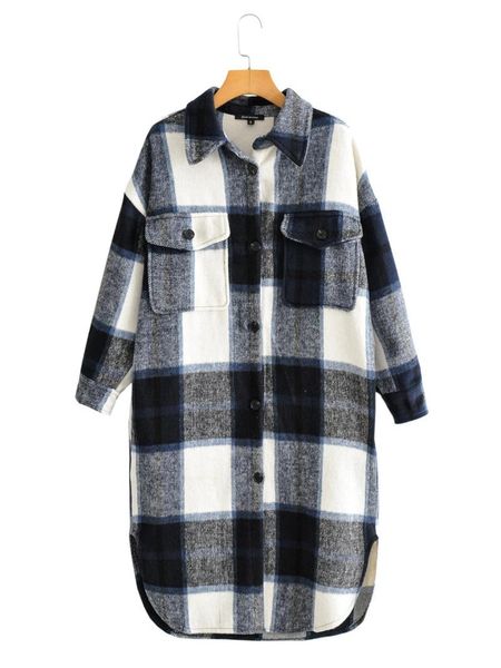 

women's jackets 2021 winter loose mid-length plaid jacket casual shirt women, Black;brown