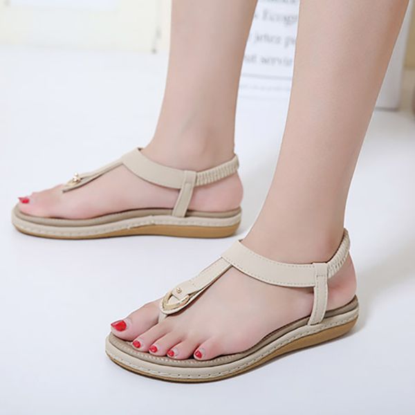 

beach sandals summer flip flops flat ladies open clip toed elastic gladiator metal women's shoes vdlb, Black