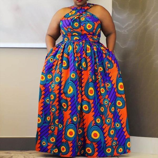 

plus size dress women halter sleeveless print loose long dress party night mother oversized dresses, Black;gray